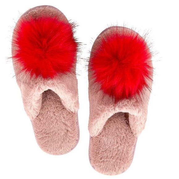 Bella Sleep Spa Plush Pom Slippers Blush Red Size Small - Picture 1 of 4